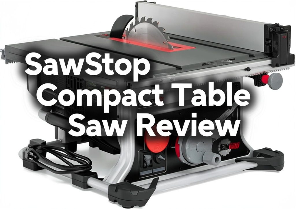 Overlay the text 'SawStop Compact Table Saw Review' on the image in a visually appealing way. Place the text near the Top , ensuring it is legible without obstructing key details of the saw. Use a bold, modern font in white or light-colored text with a subtle drop shadow or dark background for contrast. Maintain a professional and clean aesthetic that matches the industrial style of the table saw."