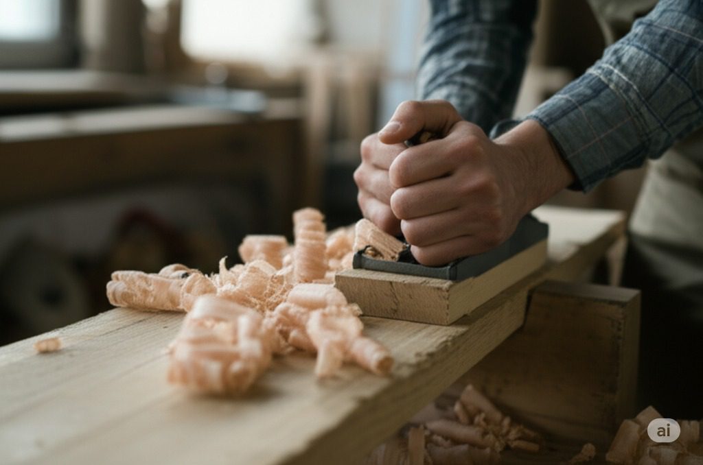 Woodworker using a traditional bench hand plane, creating delicate wood shavings on lumber." or "Close-up of a hand plane smoothing a wooden board in a workshop
