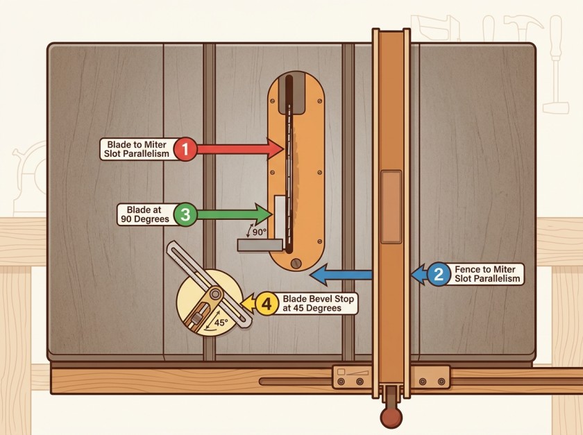 Diagram showing the four alignment points on a table saw