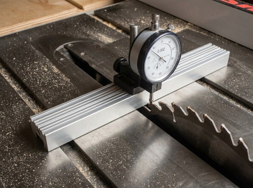 Dial indicator gauge mounted in miter slot touching a table saw blade tooth
