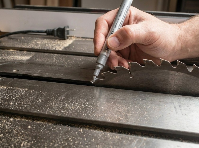 Marking a table saw blade tooth with paint pen for alignment measurement