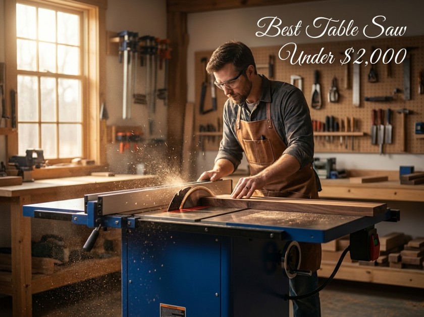 Woodworker cutting hardwood on a quality table saw in a workshop