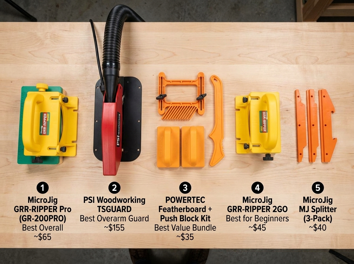 Five table saw guard options compared side by side