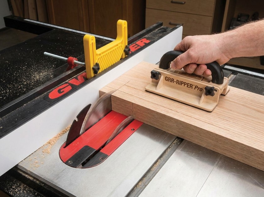 Table saw with full layered safety setup including push block guard and featherboard