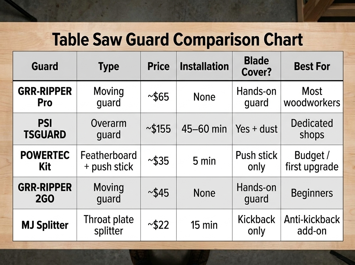 Table saw guard comparison chart showing all 5 products specs and ratings