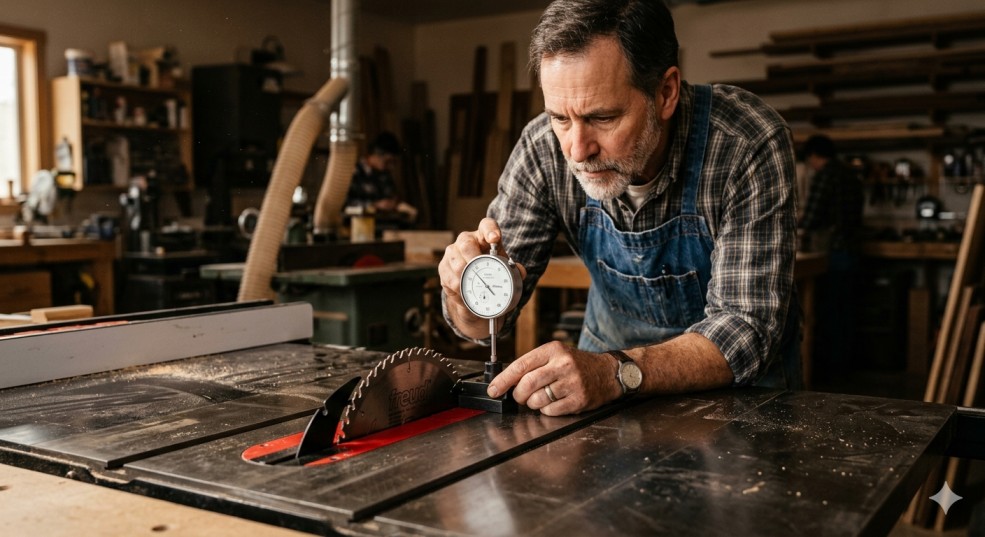 Woodworker using a dial indicator gauge to align a table saw blade to the miter slot