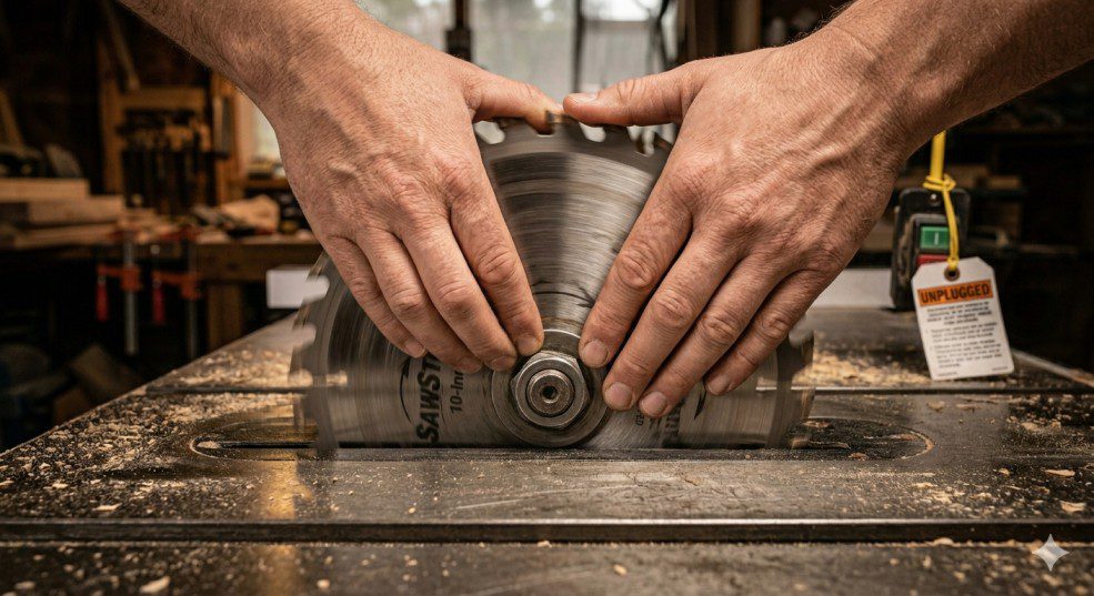 Two hands gripping a table saw blade and applying sideways pressure to check for worn arbor bearing play