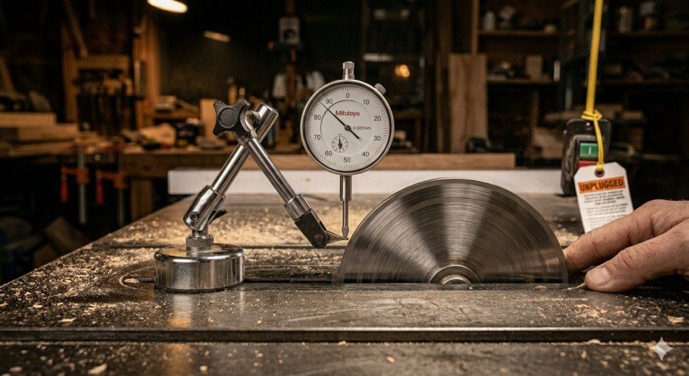 Dial indicator probe touching bare table saw arbor shaft directly to measure shaft runout and detect a bent arbor