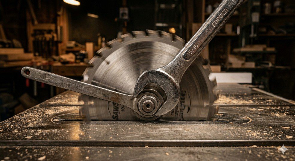 Two arbor wrenches tightening the table saw blade arbor nut to fix blade wobble