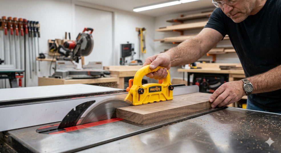 Woodworker pushing a board through a table saw at a correct, consistent feed rate