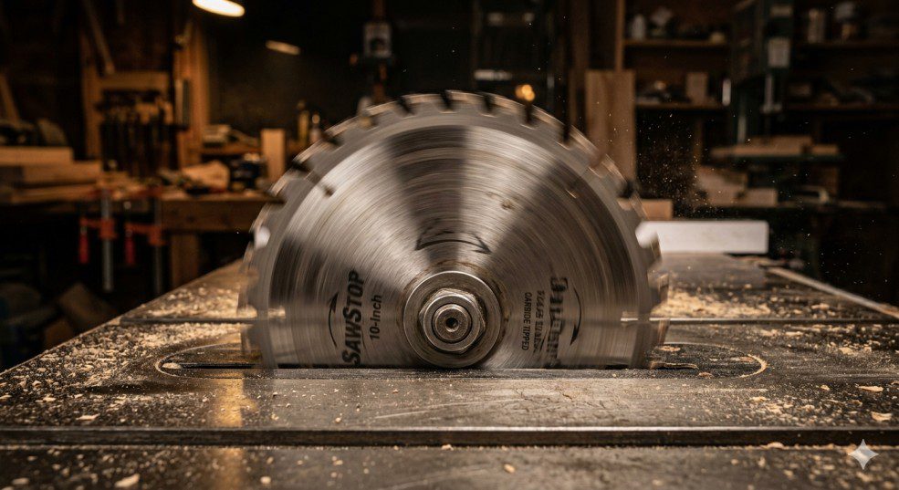 Table saw blade wobble — close-up of a 10-inch circular blade mounted on arbor showing wobble