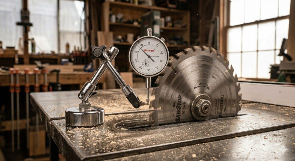 Dial indicator gauge measuring table saw blade runout on arbor