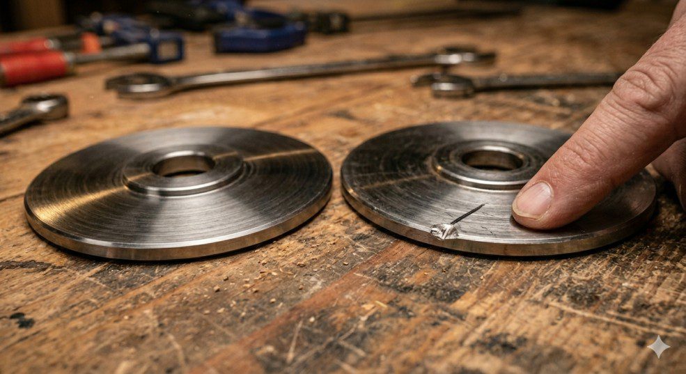 Close-up comparison of two table saw blade flanges — one clean and flat, one damaged with ding on mating face