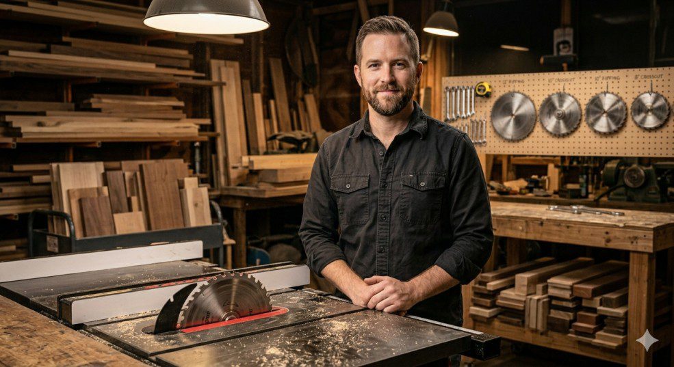 Finlay Connolly — woodworker and founder of Pro Table Saw Reviews standing in his workshop next to a contractor table saw