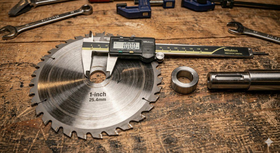 Table saw blade bore, reducer bushing and 5/8 inch arbor shaft side by side showing size comparison for correct fit