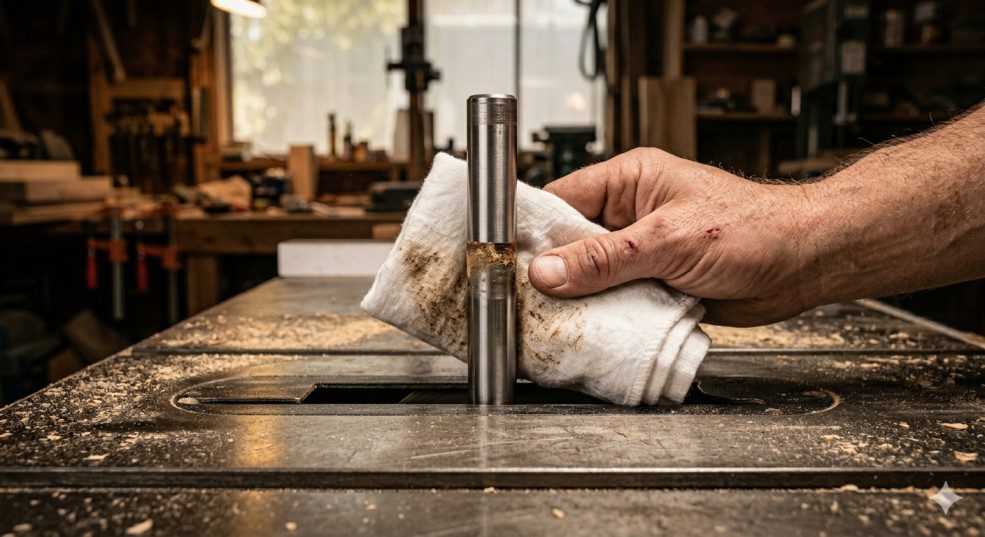 Woodworker wiping bare table saw arbor shaft with a clean shop rag as part of regular maintenance routine to prevent blade wobble