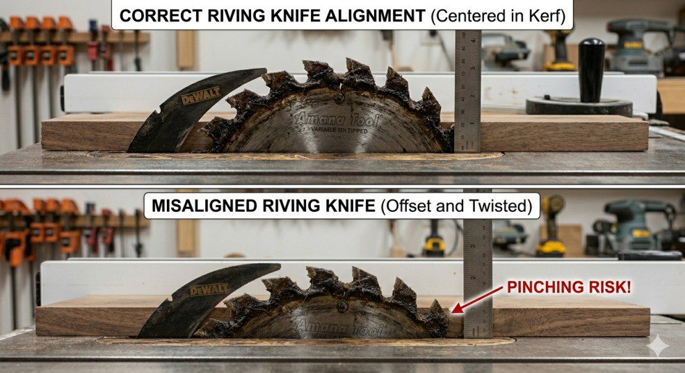 Riving knife correctly positioned and centred directly behind a table saw blade