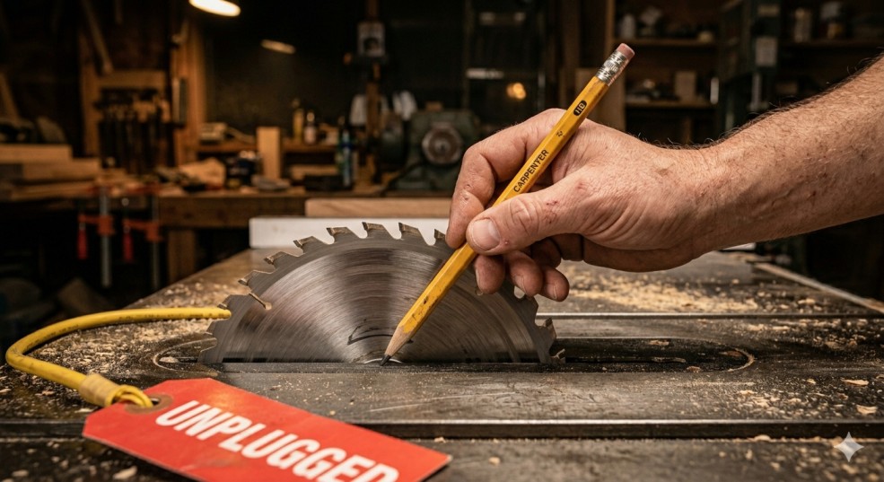 Woodworker holding pencil against table saw blade face to check for wobble and runout