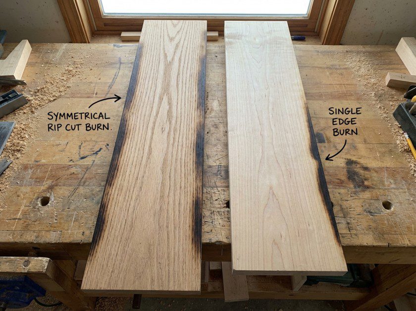 Hardwood lumber showing burn marks on both sides of a table saw cut