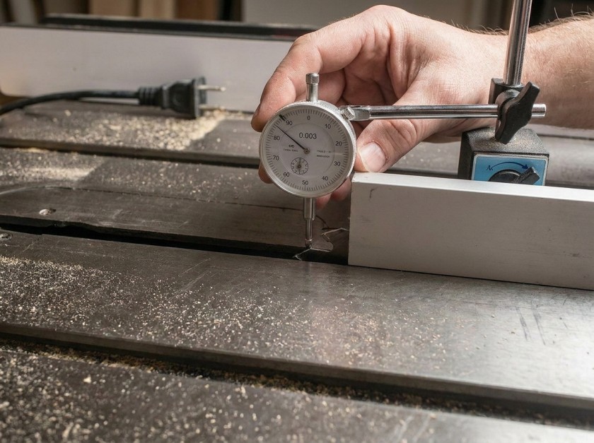 Checking table saw fence alignment with dial indicator at rear of saw