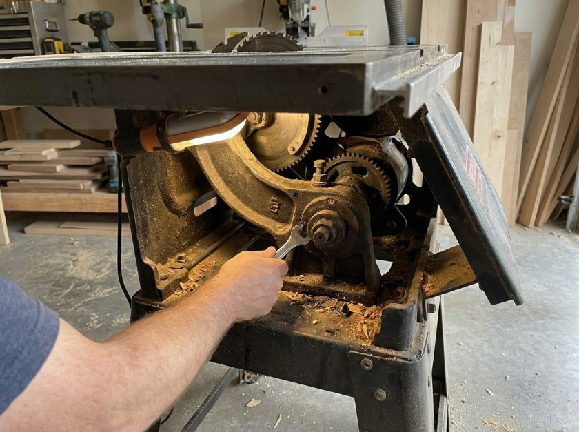 Accessing trunnion bolts under a contractor saw table for alignment adjustment