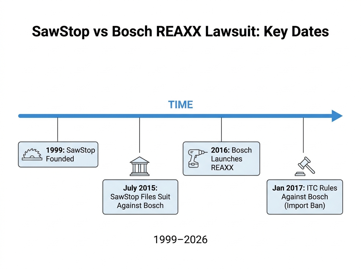 SawStop vs Bosch REAXX patent lawsuit timeline