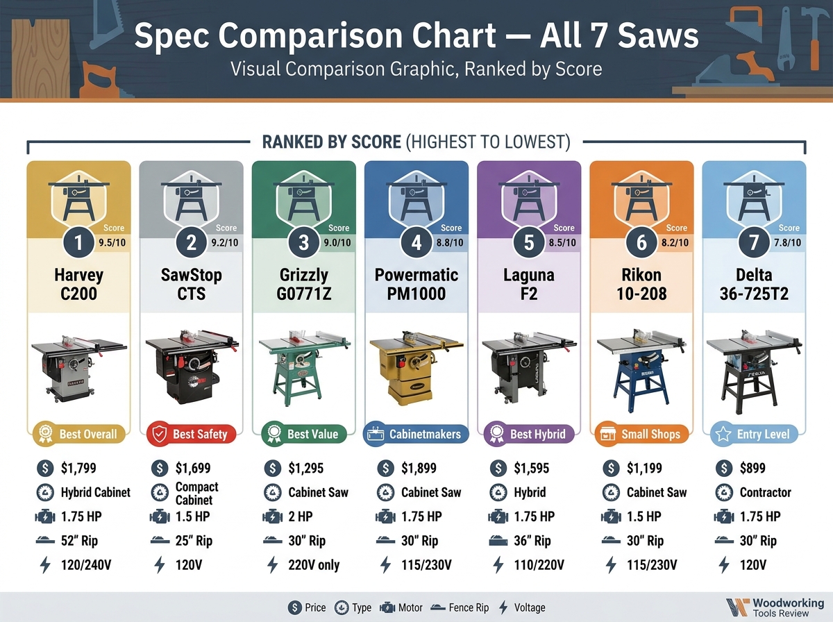 Spec comparison chart for all 7 table saws under 2000