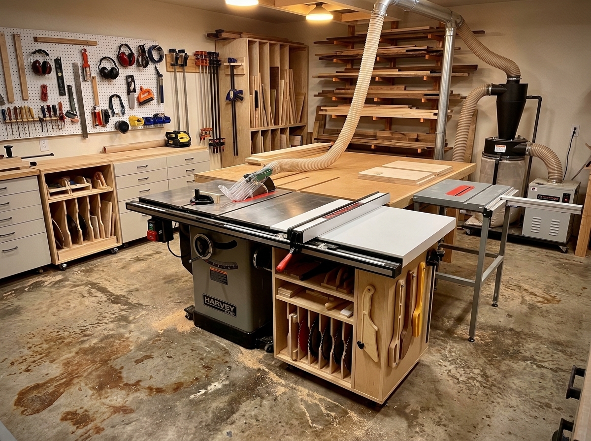 Workshop table saw setup with outfeed table and dust collection