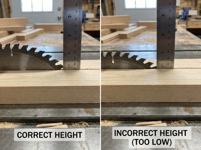 Table saw blade set at correct height with full gullet clearing the workpiece