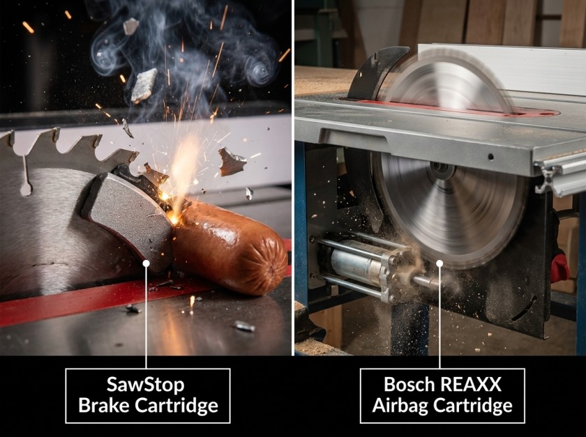 SawStop brake cartridge vs Bosch REAXX airbag cartridge mechanism diagram