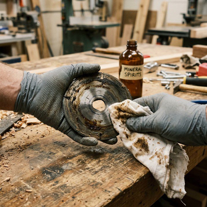 Woodworker cleaning table saw blade flange with mineral spirits and rag to remove resin and sawdust buildup