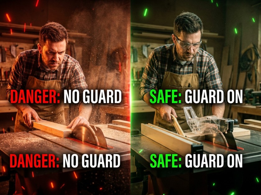 Woodworker using a table saw with blade guard clearly visible, cutting hardwood in a well-lit workshop