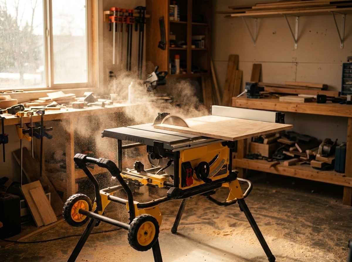 Inexpensive jobsite table saw set up in a home garage workshop