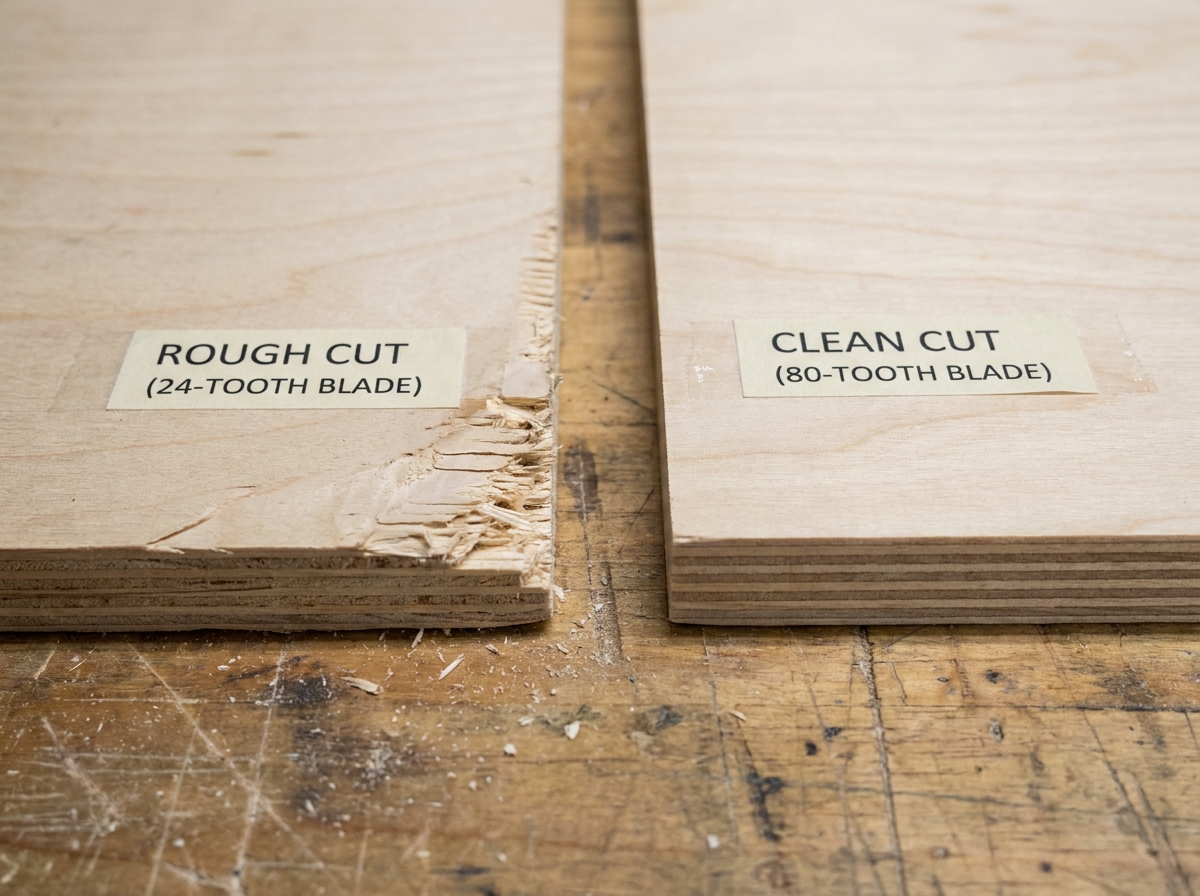 Side by side comparison of plywood cuts from different blade tooth counts