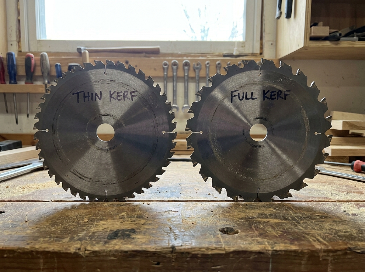 Thin kerf vs full kerf table saw blade plate thickness comparison