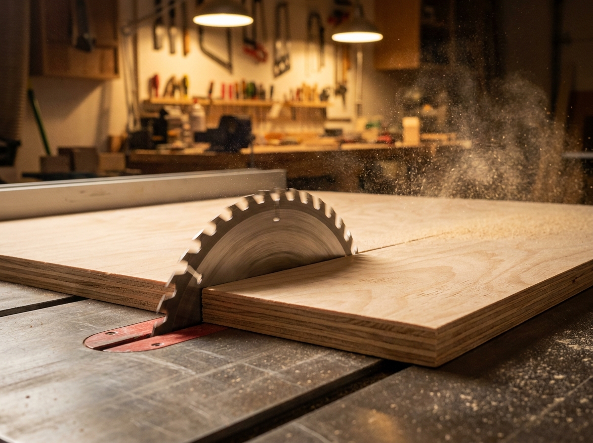 Table saw blade cutting through birch plywood