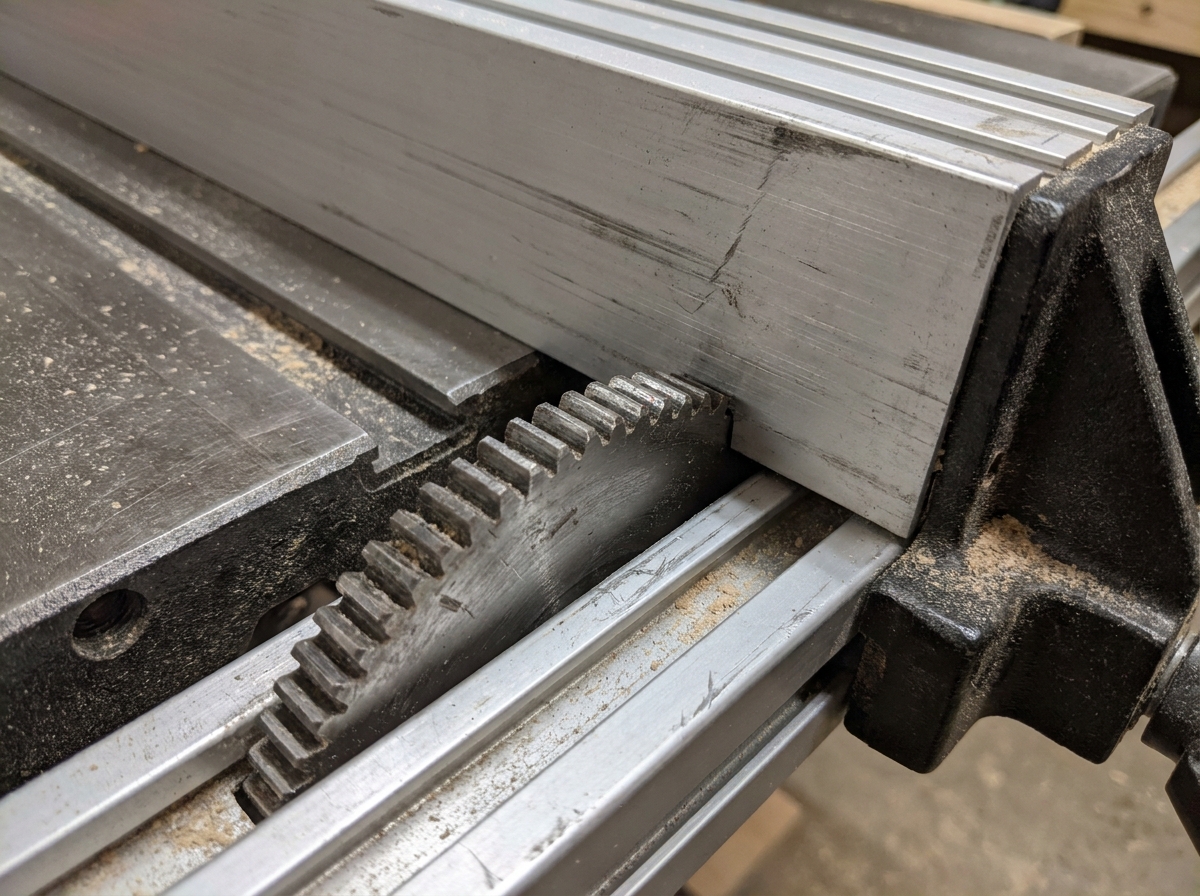 Rack and pinion table saw fence mechanism close-up showing gear rail