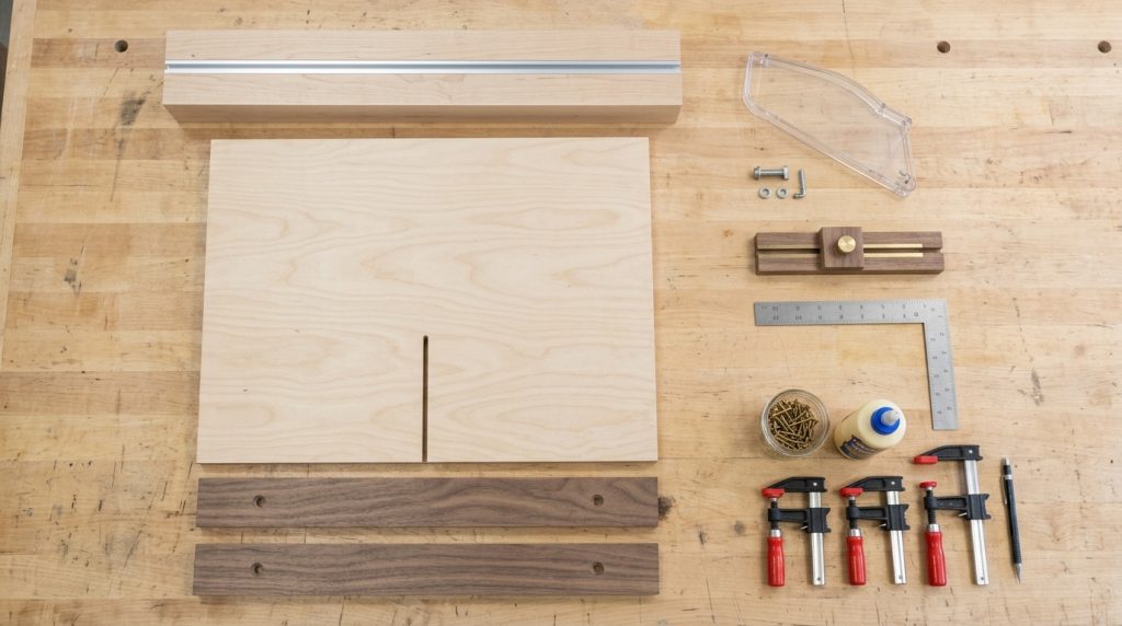 Crosscut sled components on bench 202607140123