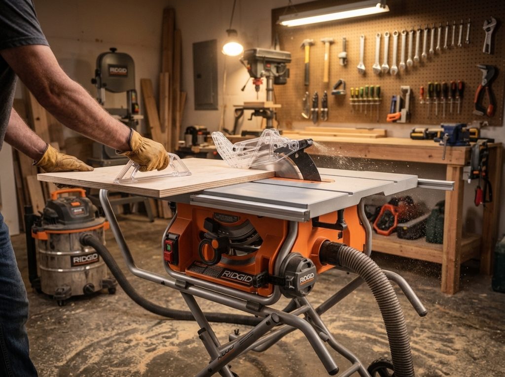 Orange table saw cutting plywood 202607112239