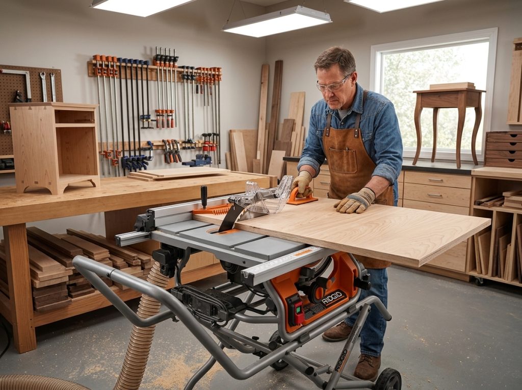 Woodworker feeding plywood table… 202607112242
