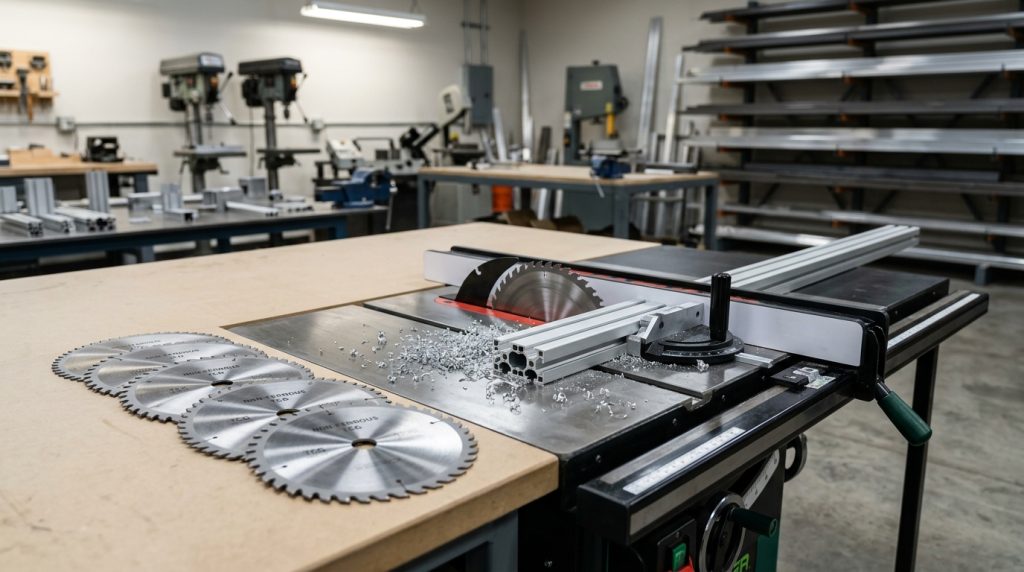 Table saw cutting aluminum extru…