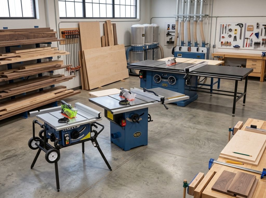 Table saws in woodworking shop